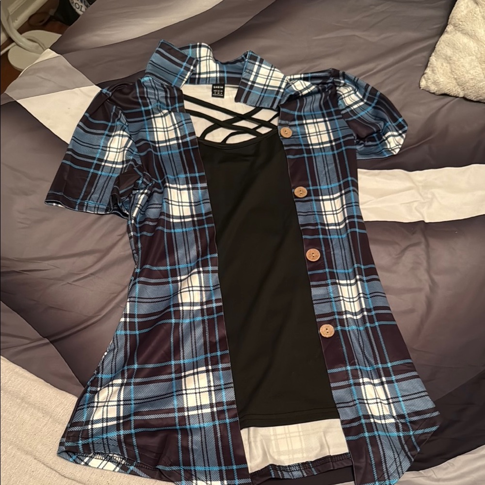 Plaid Short Sleeve Top - Blue and Black